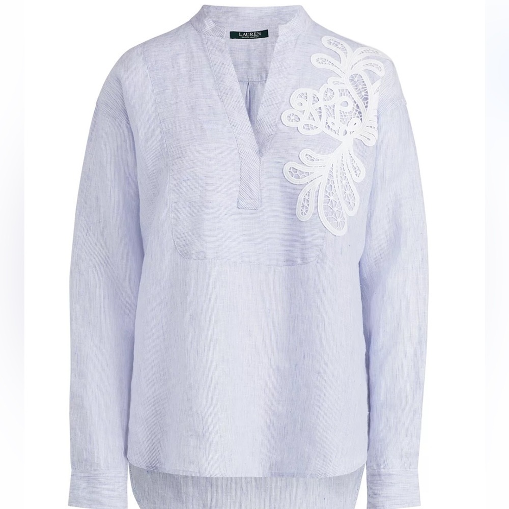 Lauren Ralph Lauren Blue & White Linen Applique Top Size PL - Picture 8 of 11